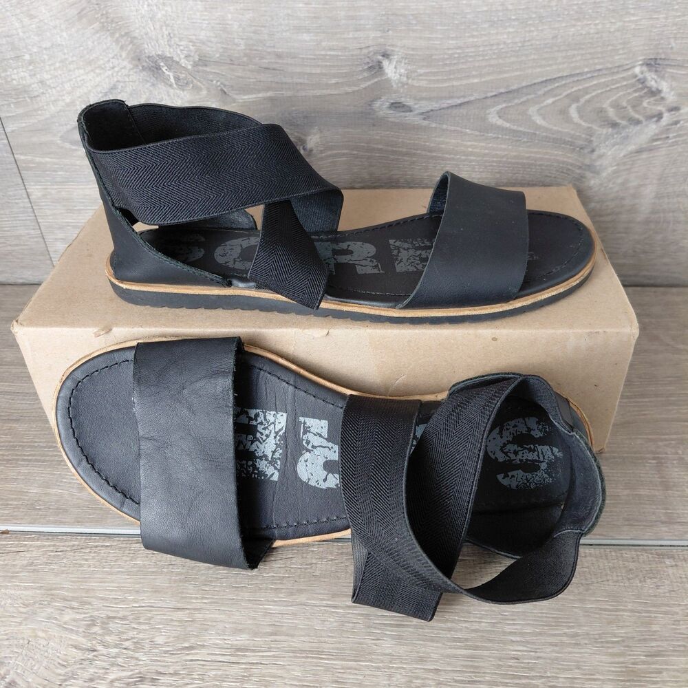Sorel Ella II Sandals Womens 8 Black Leather Strappy Beach Resort Festival Flats